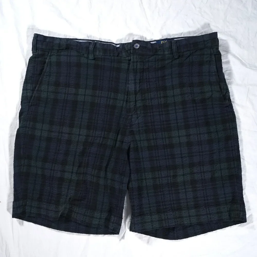 Polo Ralph Lauren Seersucker Blackwatch Plaid Shorts Navy Blue Green 40